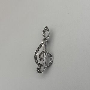 Sterling Silver Marcasite Brooch Treble Clef Music Note 925 1.5" Pin 3g
